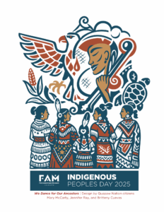 Stylized illustration of Indigenous people in traditional attire dancing below a large figure and eagle, with turtle and cloud motifs. Text reads "Indigenous Peoples Day 2025.